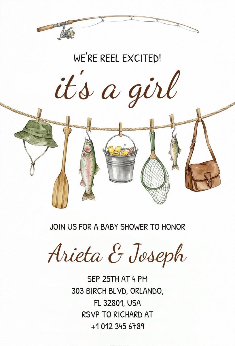 Fishing Theme Baby Girl Shower Celebration Invitation Template
