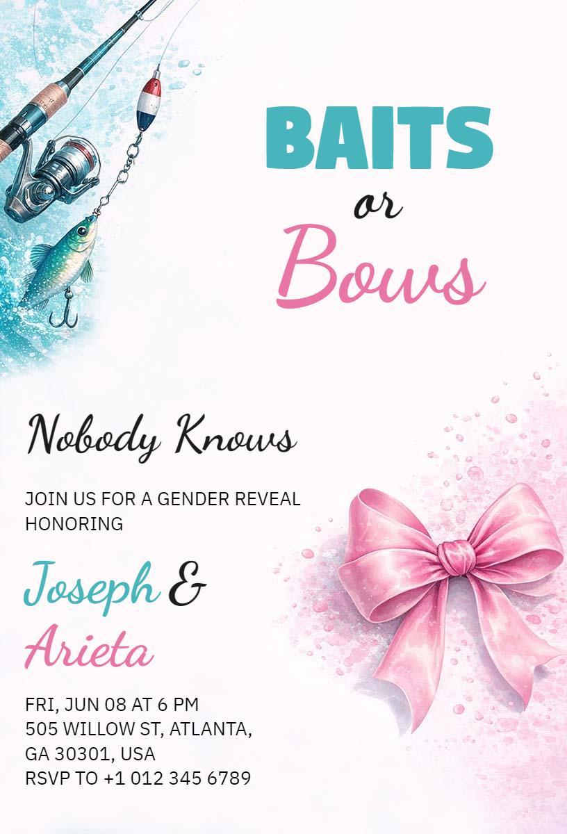 Fishing Theme Baits or Bows Gender Reveal Invitation Template