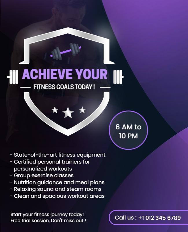 Dynamic Purple Fitness Goals Promotion Flyer Template