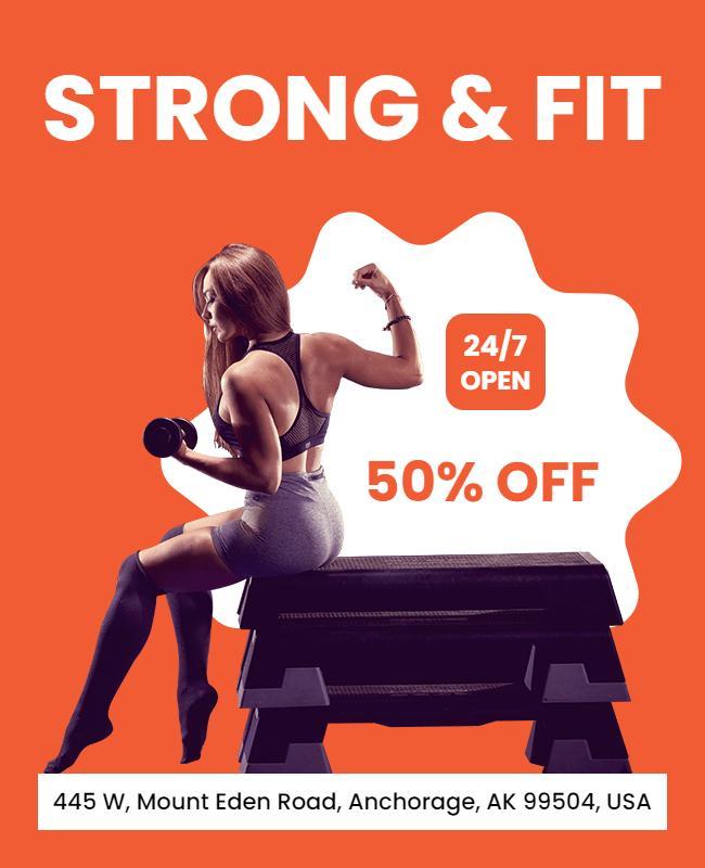 Bold Orange Fitness Promotion with Discount and Open Hours Flyer Template