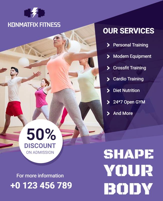 Dynamic Purple Fitness Center Promotion Flyer Template