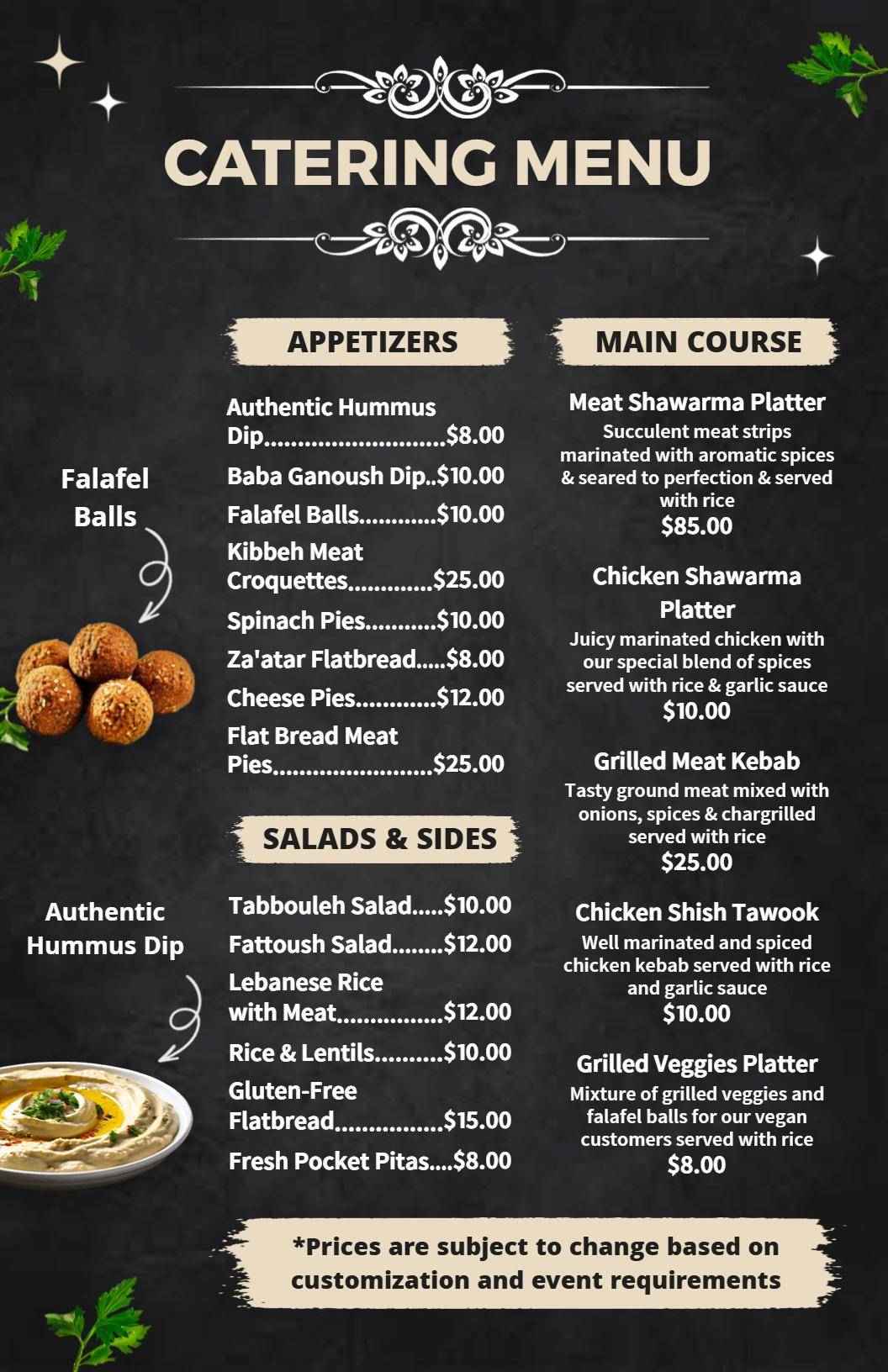 Flavorful Appetizers and Fresh Ingredients Catering Menu Template