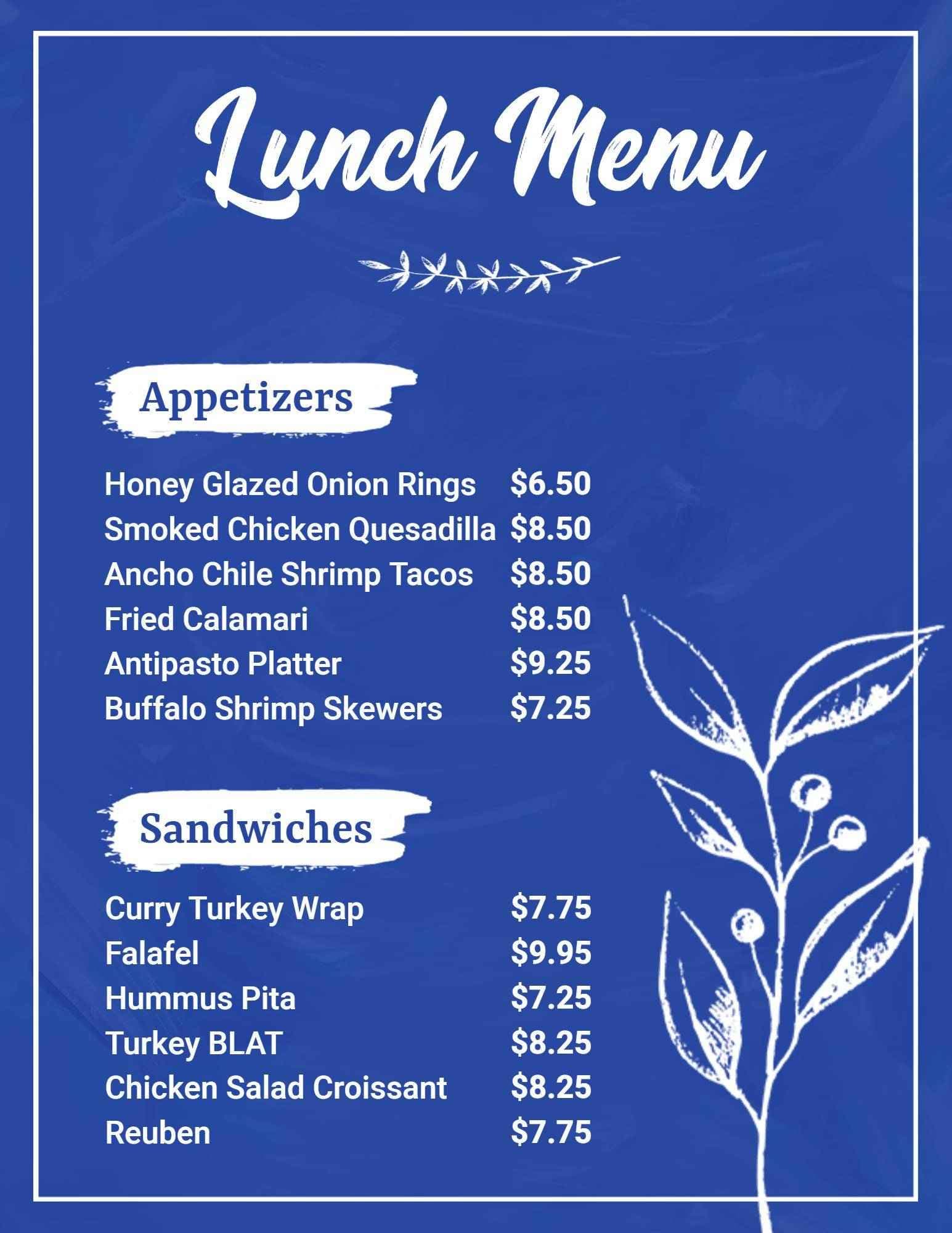Flavorful Appetizers and Sandwiches for Enjoyable Lunch Menu Template
