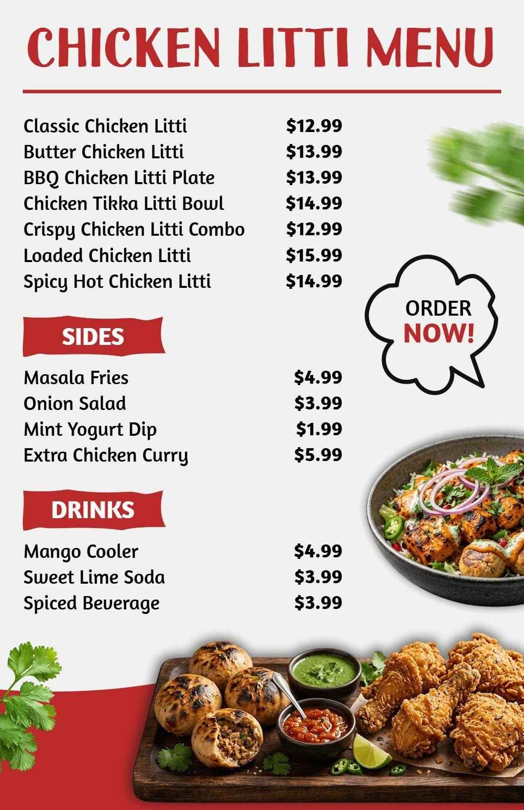 Flavorful BBQ and Spicy Variations Featured Chicken Litti Menu Template