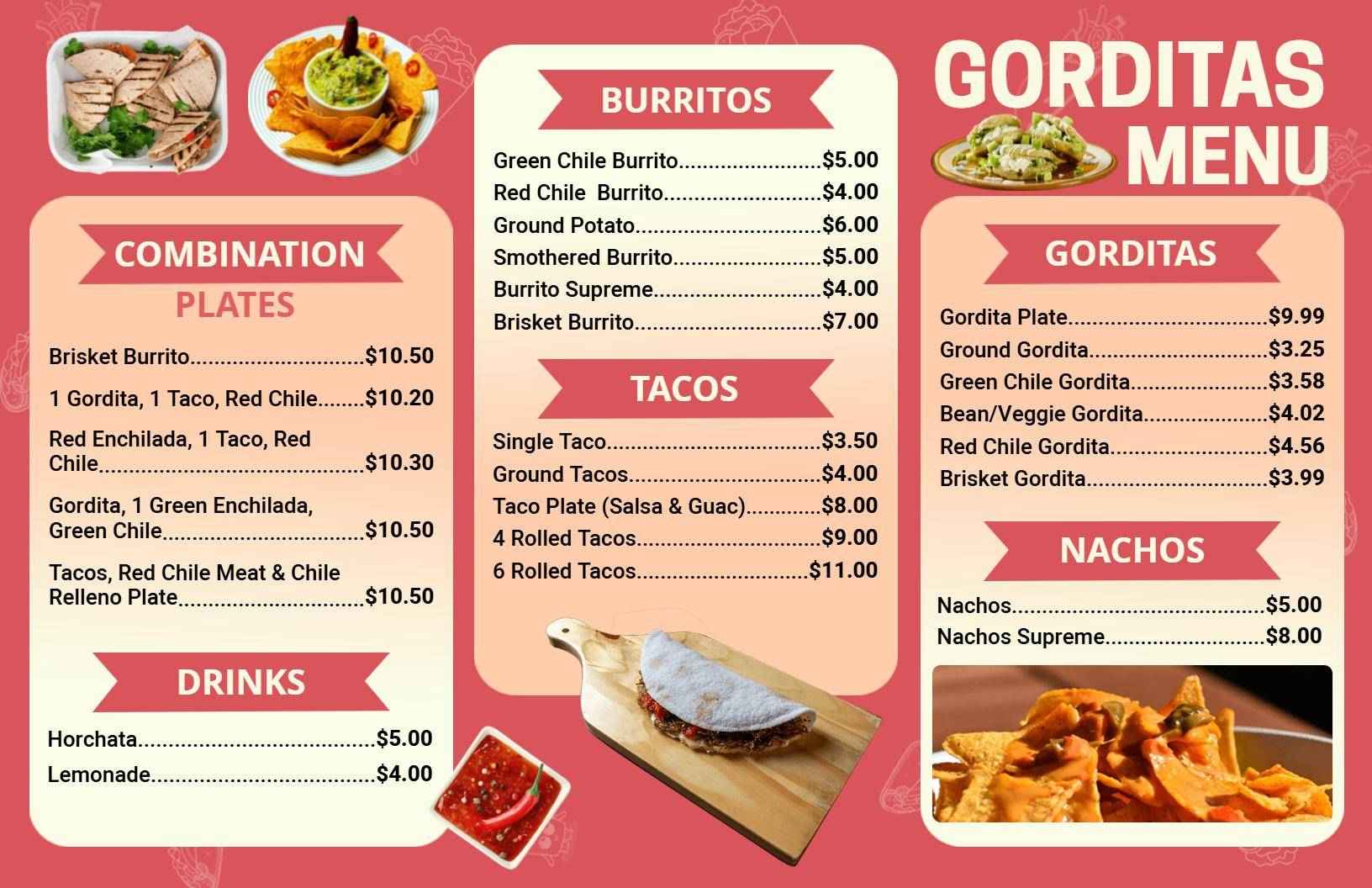 Flavorful Burritos and Tasty Gorditas Family Tri Fold Menu Template