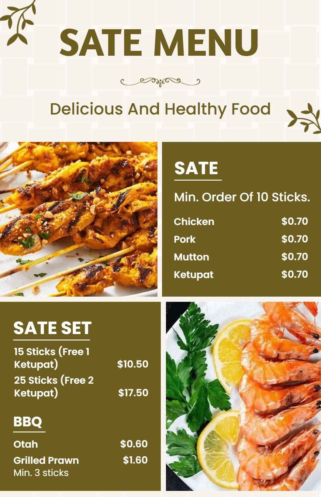 Flavorful Chicken and Mutton Skewers with BBQ Specials Sate Menu Template