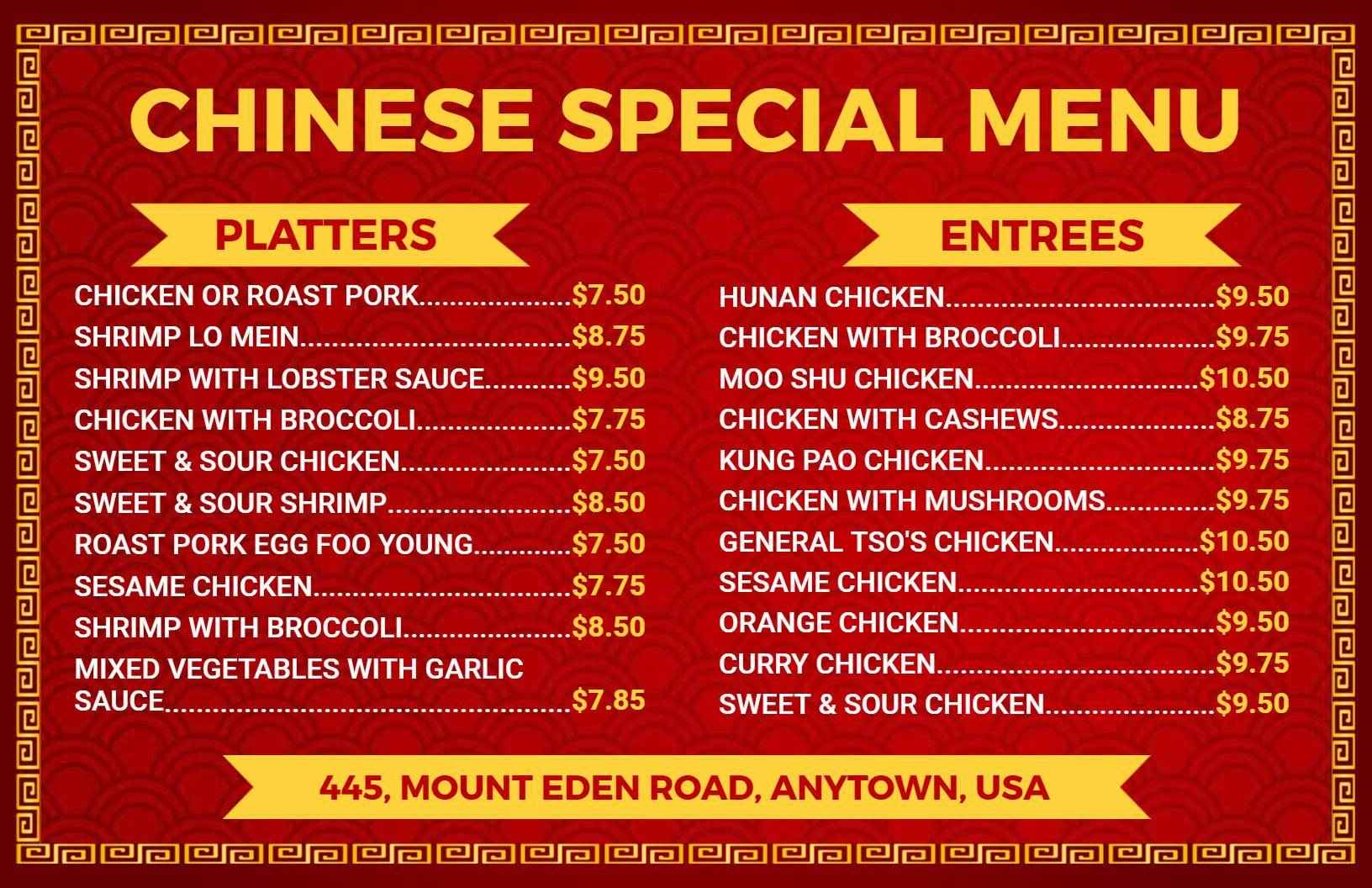 Flavorful Chicken and Shrimp Dishes with Sides Chinese Menu Template