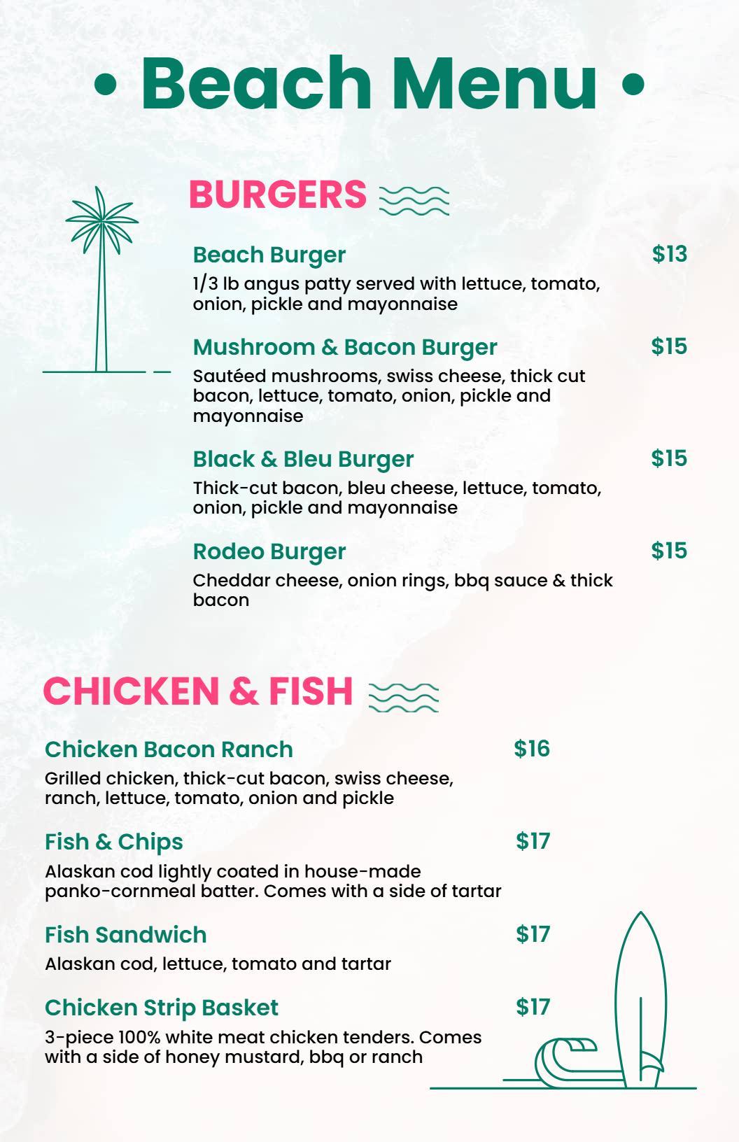 Flavorful Chicken Strips and Gourmet Burger Choices Beach Menu Template