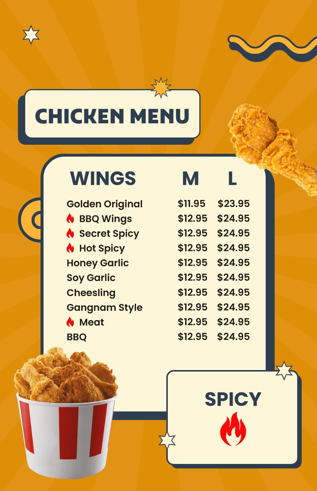 Flavorful Chicken Wing Varieties Featuring Sauces and Styles Menu Template
