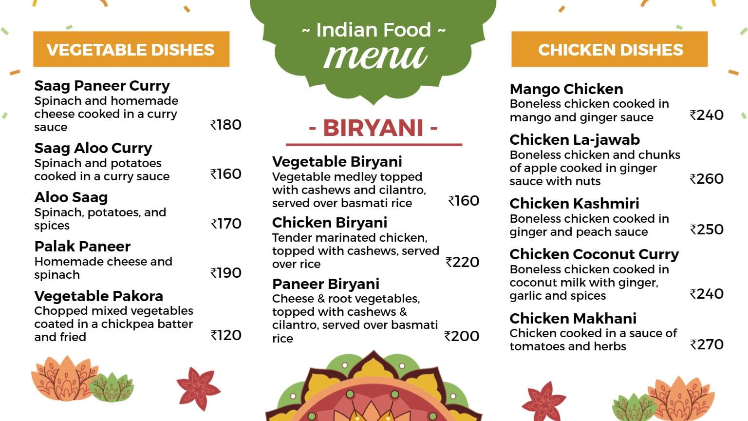Flavorful Curry Dishes and Spicy Rice Varieties Indian Cuisine Menu Template