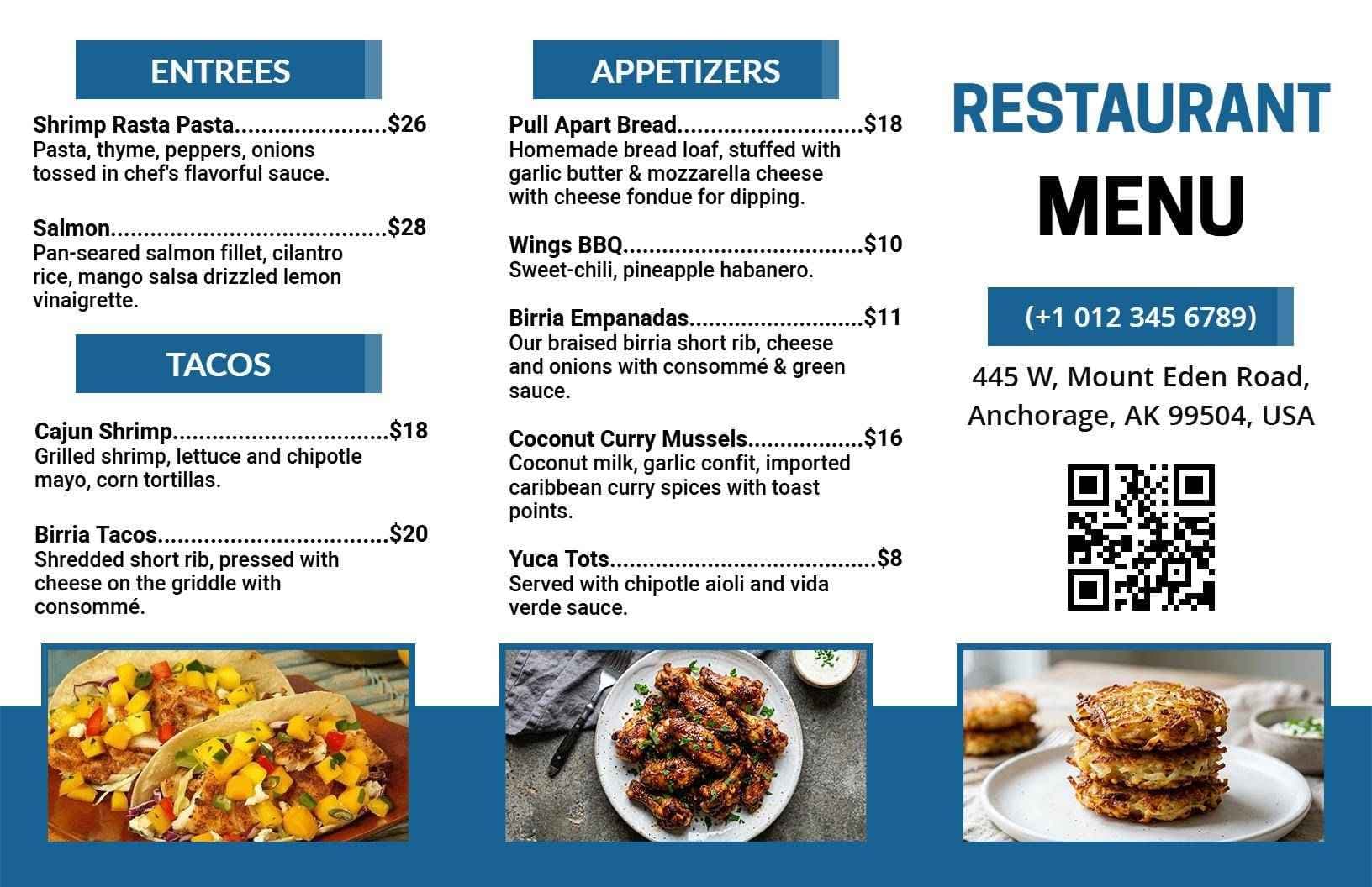Flavorful Entrées and Appetizers with Tasty Tacos Tri Fold Menu Template