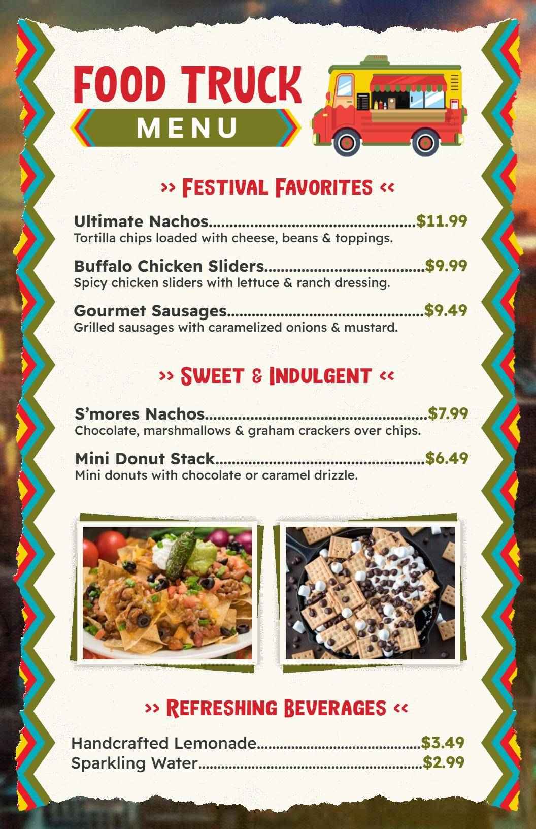 Flavorful Festival Favorites and Sweet Treats Food Truck Menu Template