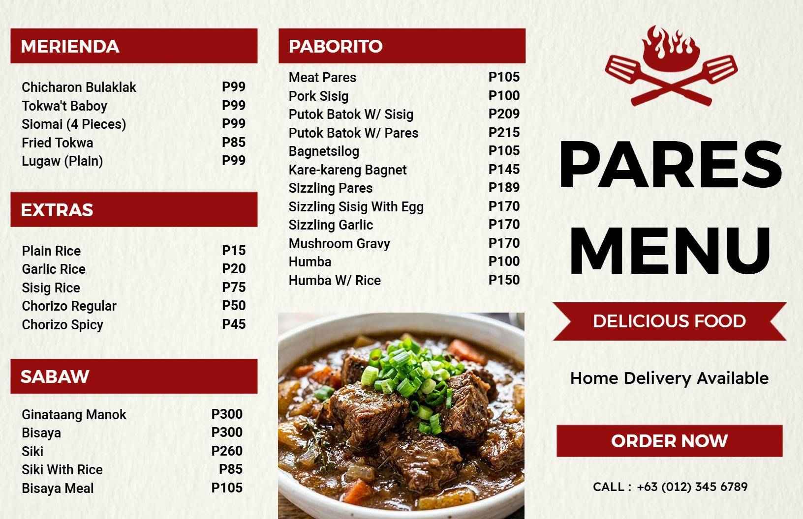 Flavorful Filipino Classics and Signature Dishes Tri Fold Menu Template
