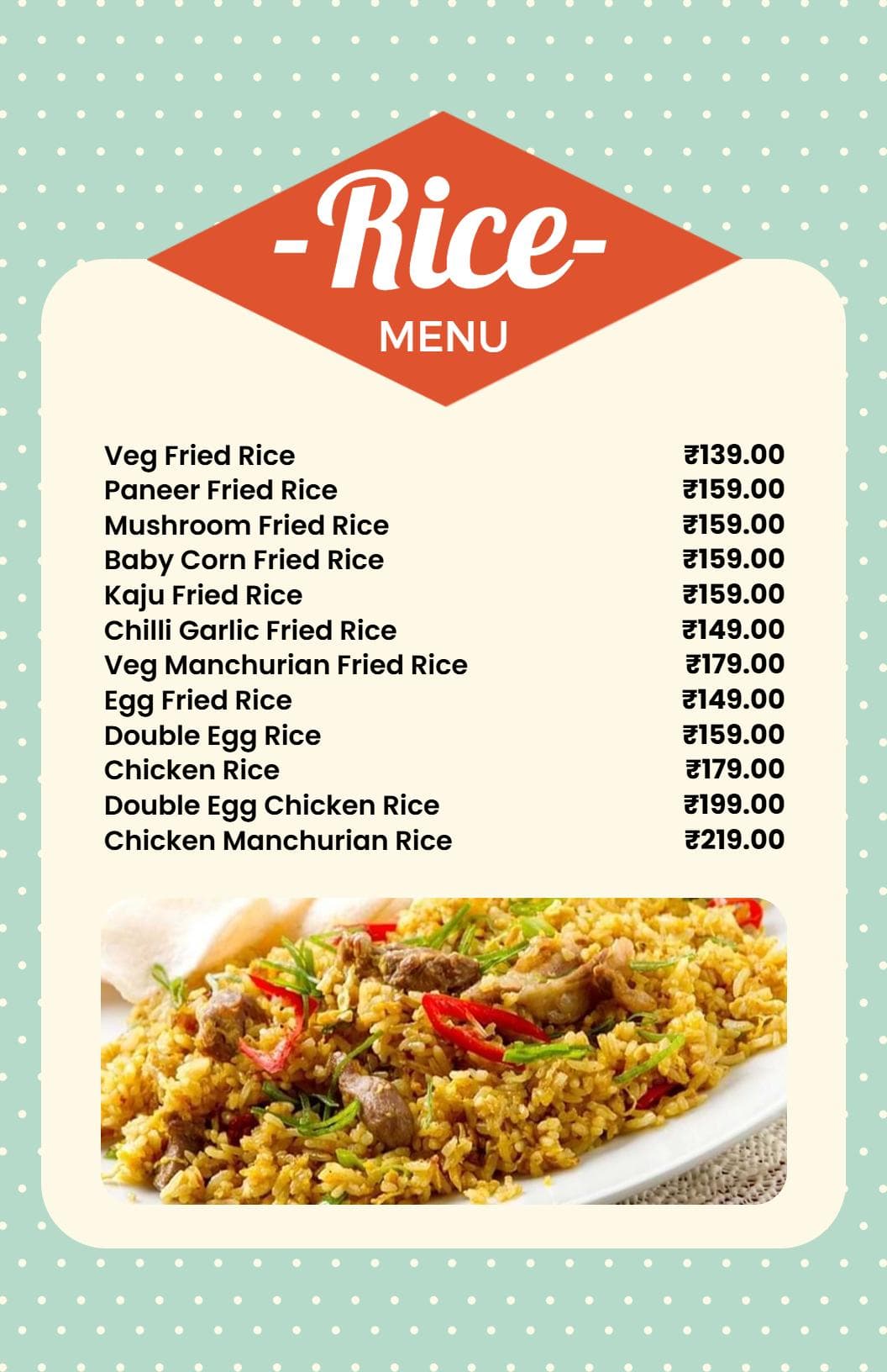 Flavorful Fried Rice Dishes and Unique Ingredients Rice Menu Template