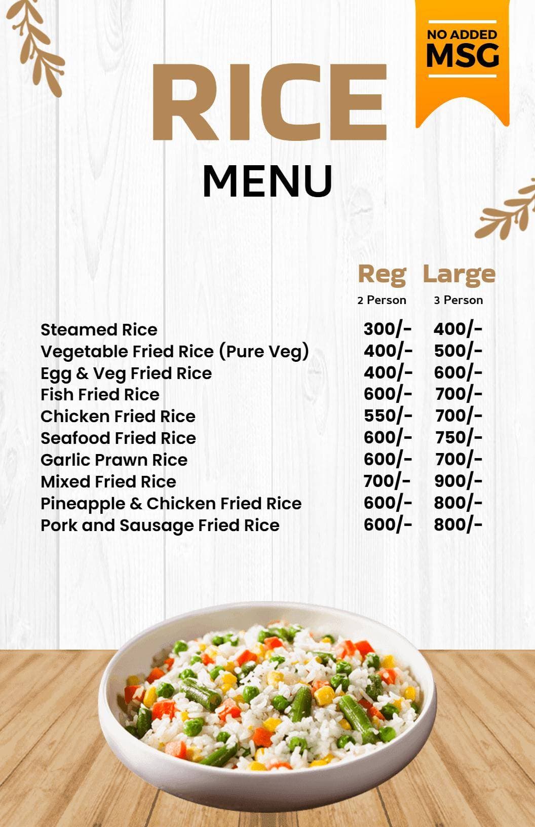 Flavorful Fried Rice Varieties and Steamed Options Rice Menu Template
