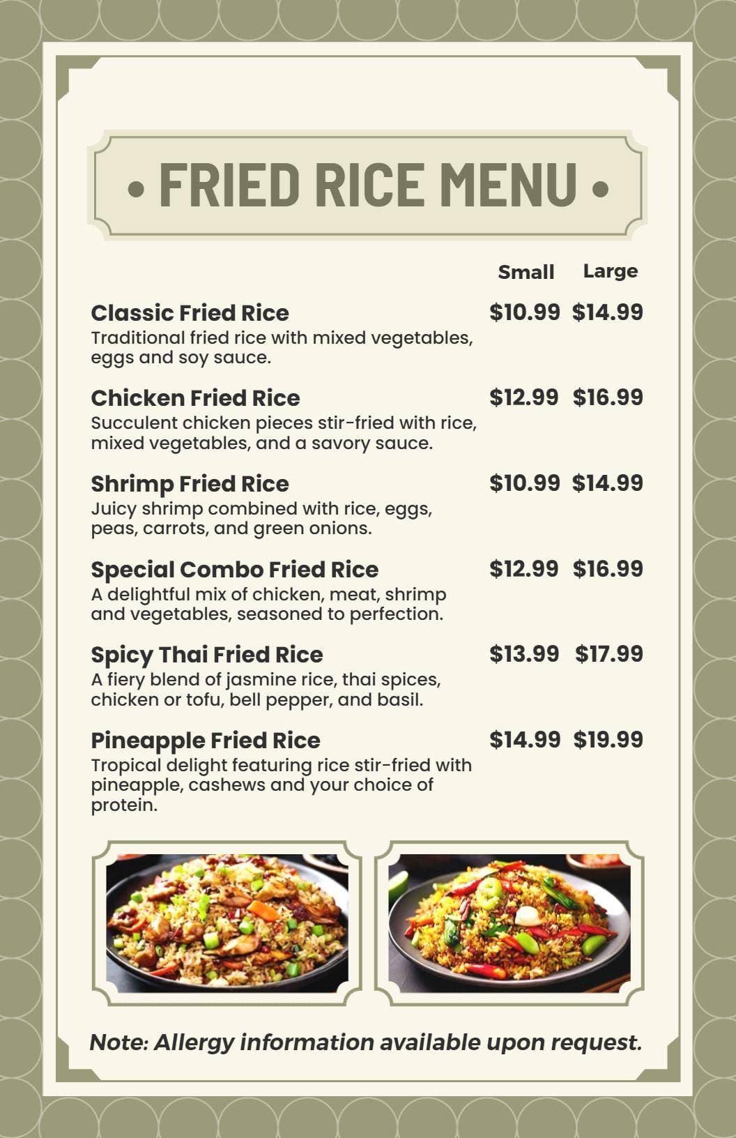 Flavorful Fried Rice Varieties with Fresh Ingredients Rice Menu Template
