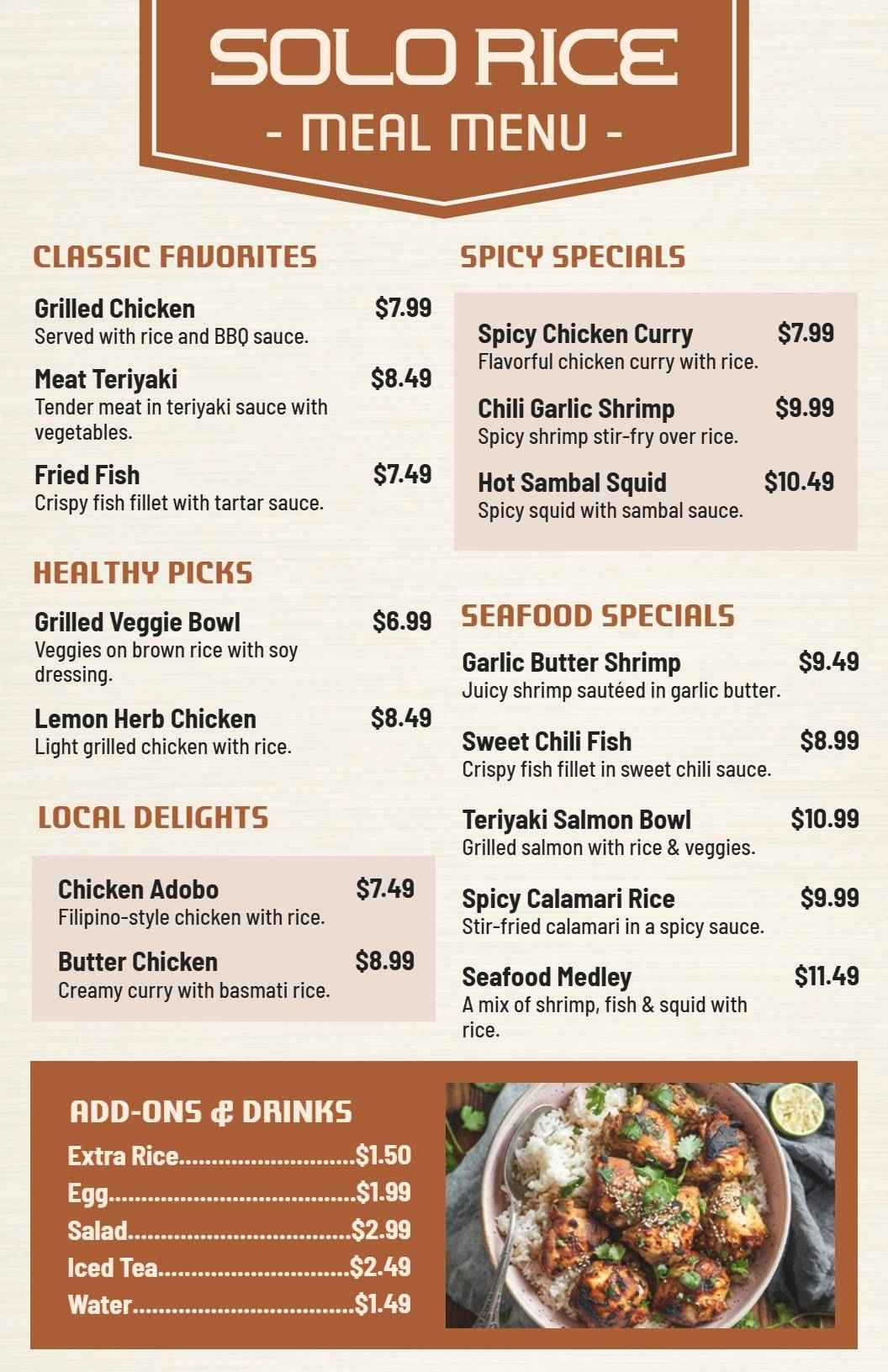 Flavorful Grilled Chicken and Curry Dishes Rice Menu Template