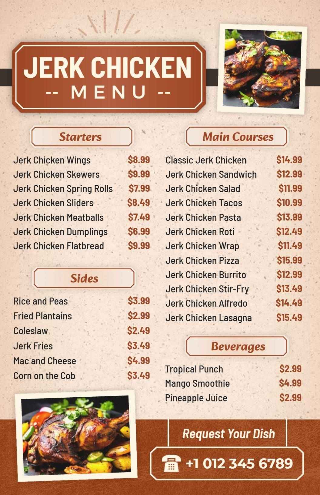Flavorful Jerk Chicken Starters, Mains, and Sides Chicken Menu Template