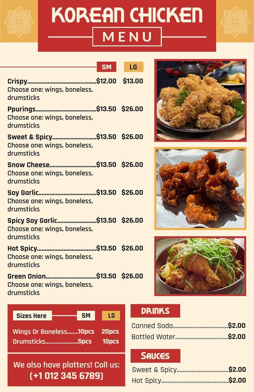 Flavorful Korean Chicken Dishes Featuring Multiple Styles Chicken Menu Template