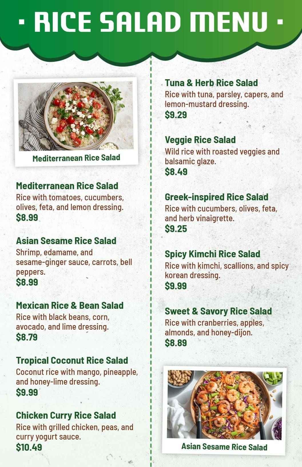 Flavorful Mediterranean and Asian Creations Rice Salad Menu Template