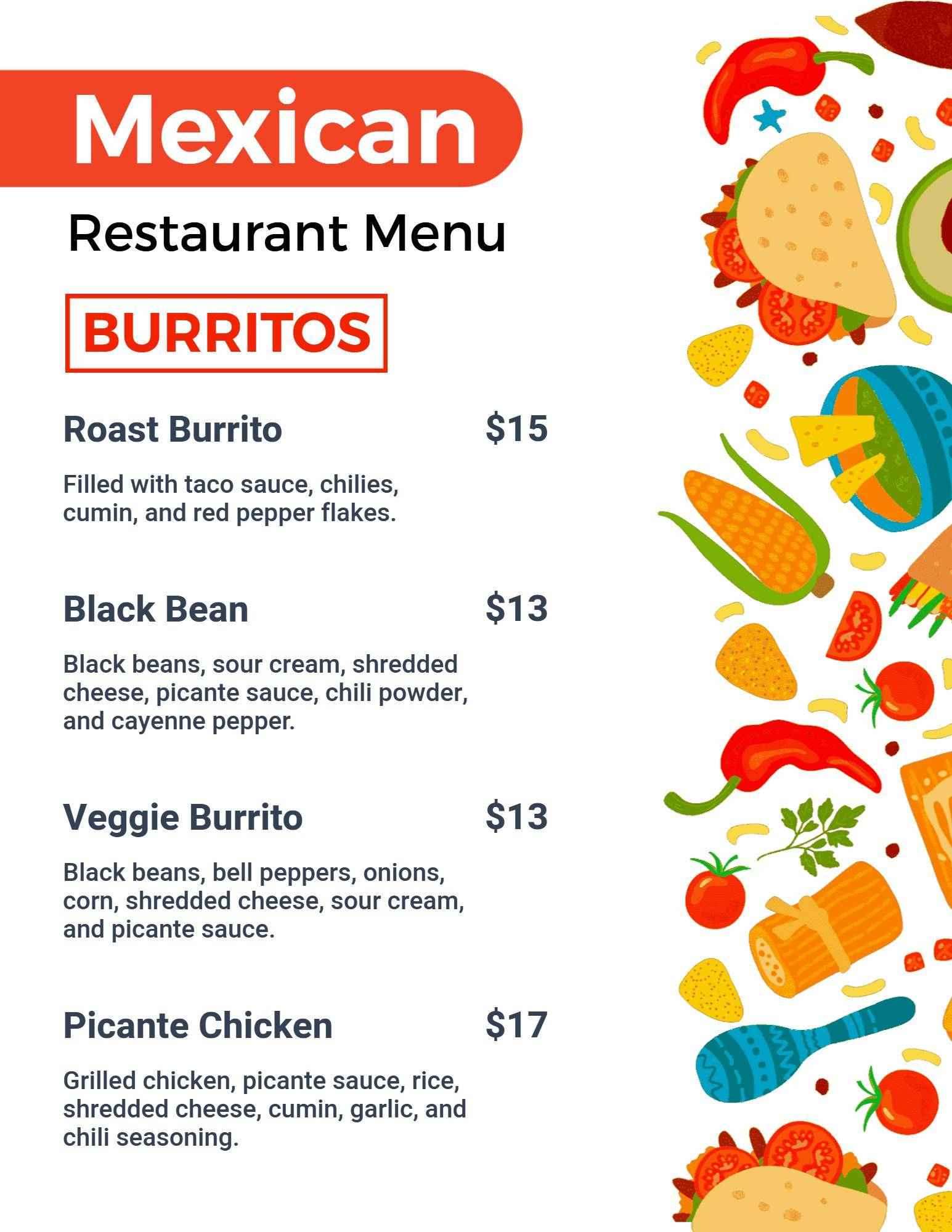 Flavorful Mexican Burrito Options Featuring Fresh Ingredients Menu Template