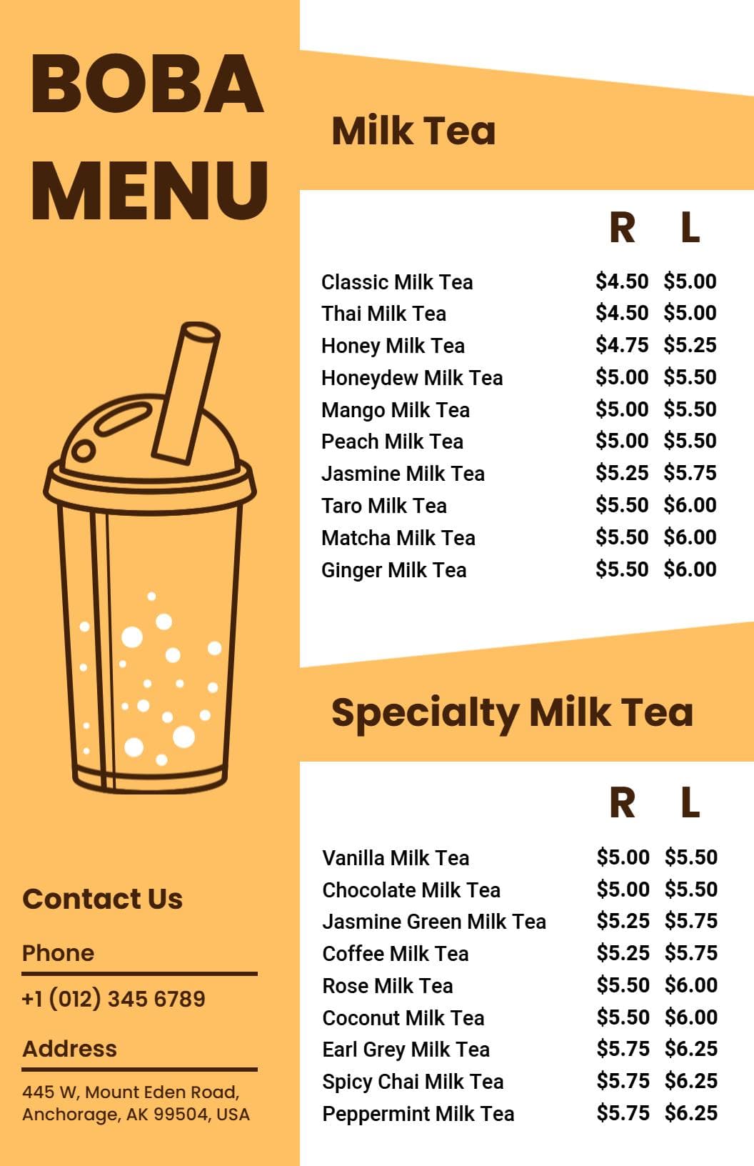 Flavorful Milk Tea and Specialty Drinks Featuring Boba Menu Template