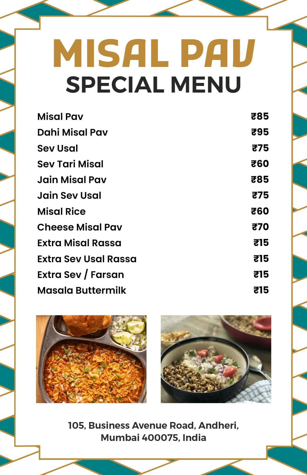 Flavorful Misal Pav and Dahi Selections in Indian Cuisine Menu Template