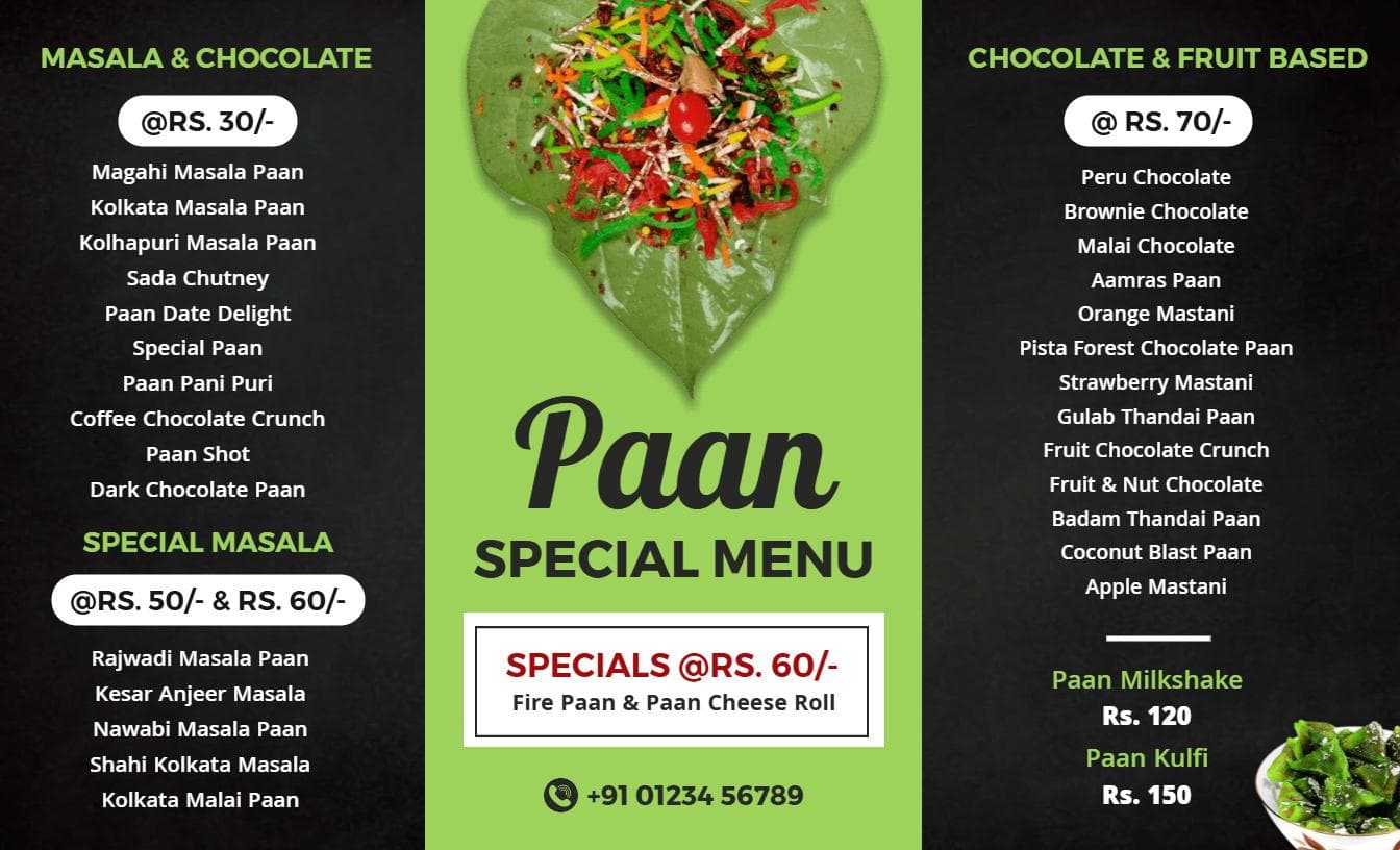 Flavorful Paan Varieties Including Special Masala and Chocolate Indian Cuisine Menu Template