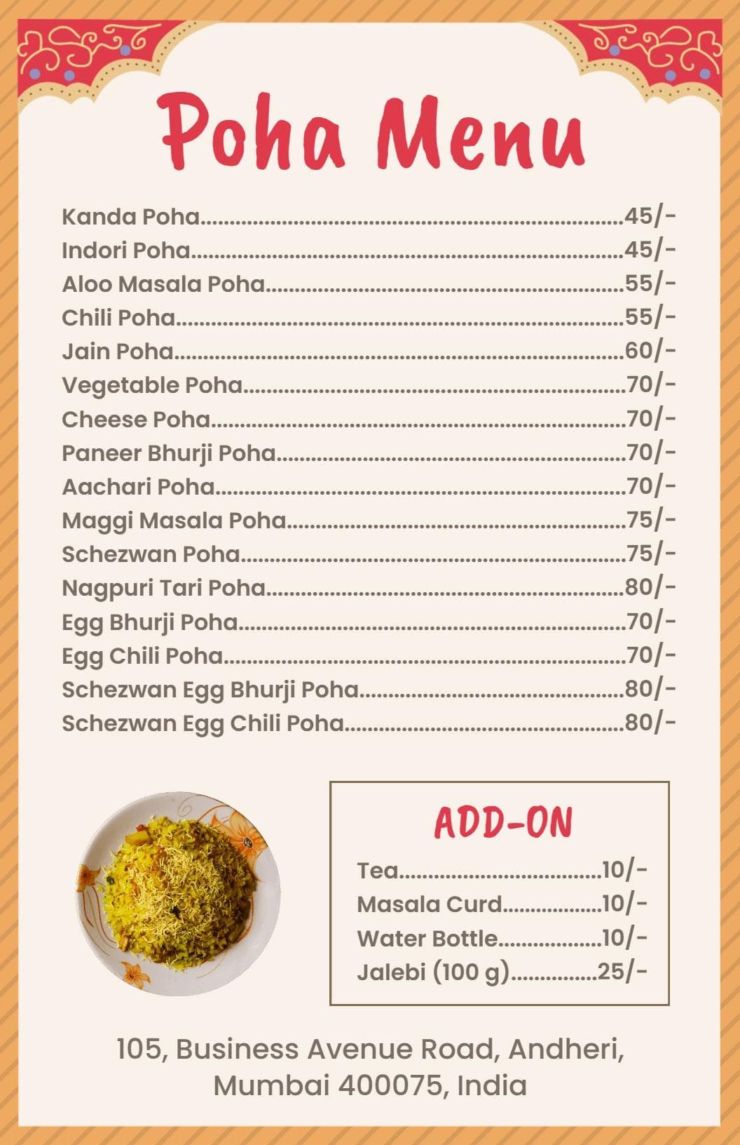 Flavorful Poha Varieties with Delights and Add-Ons Indian Cuisine Menu Template