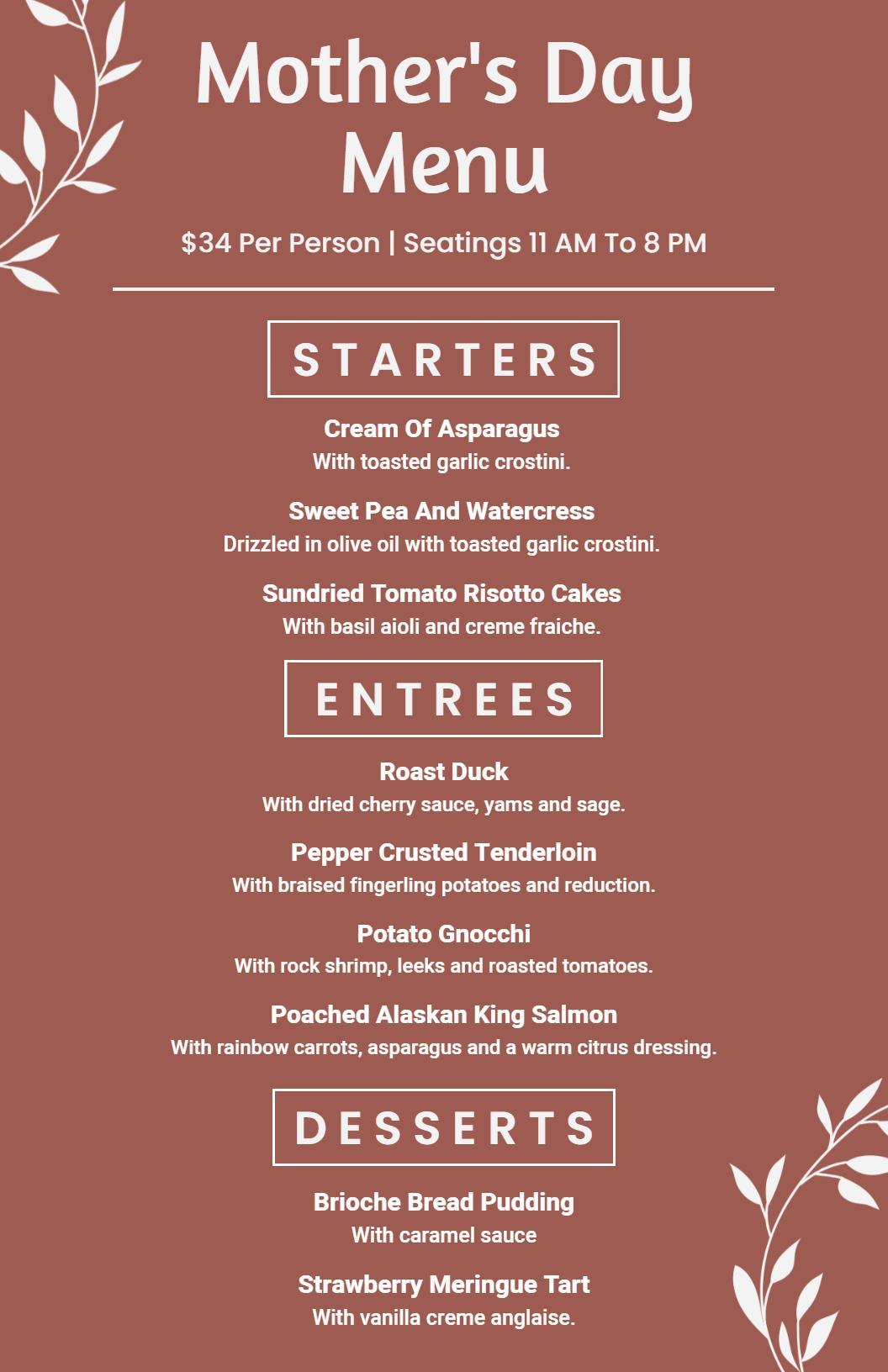Flavorful Roasted Duck and Salmon Selections Mother's Day Menu Template