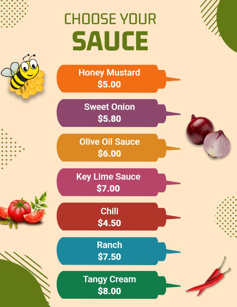 Flavorful Sauce Options Featuring Unique Toppings Menu Template