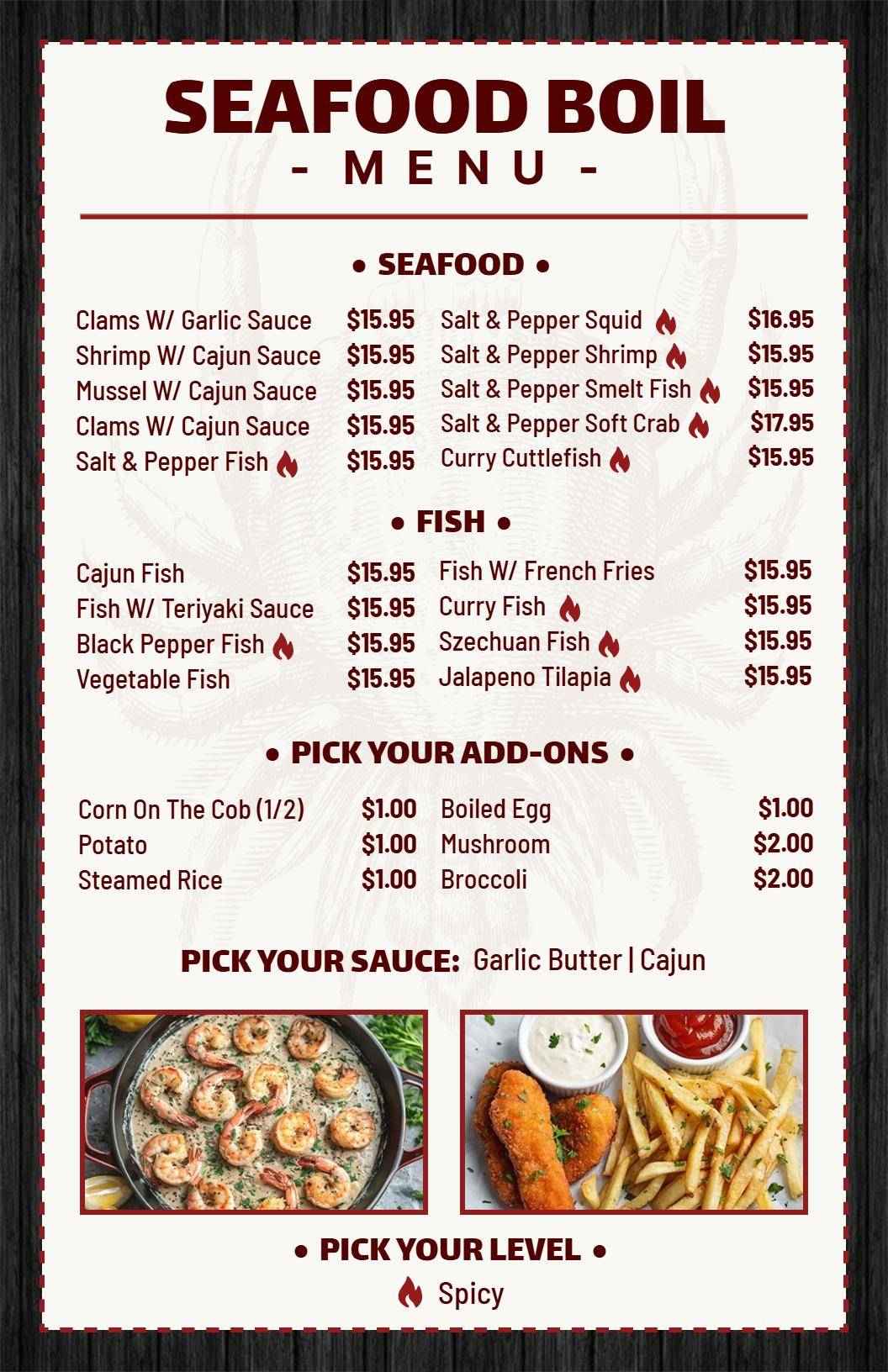 Flavorful Seafood Boil Dishes with Sauces and Fresh Picks Seafood Menu Template
