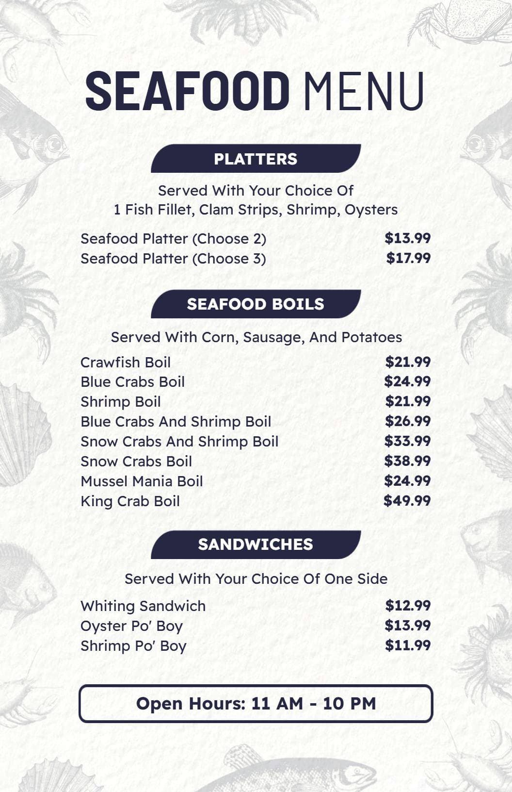 Flavorful Seafood Boils and Fresh Platters Delight Seafood Menu Template