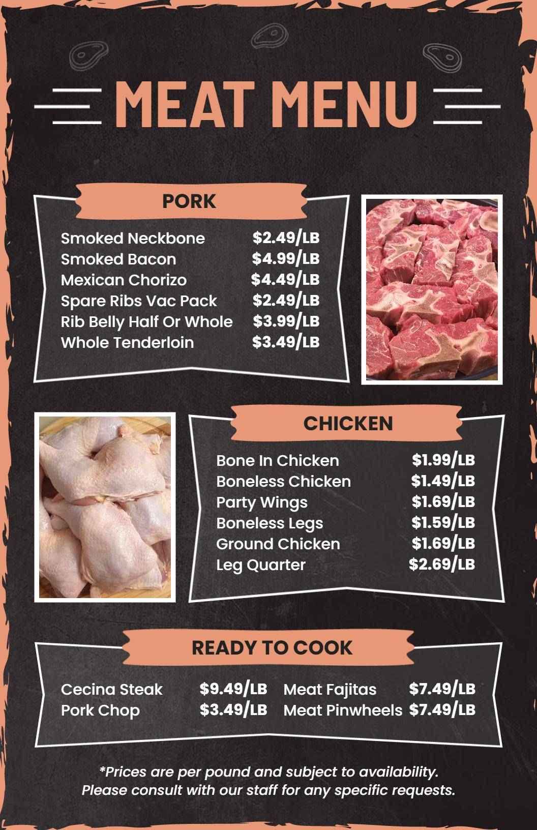 Flavorful Smoked Bacon and Tenderloin Options Meat Menu Template