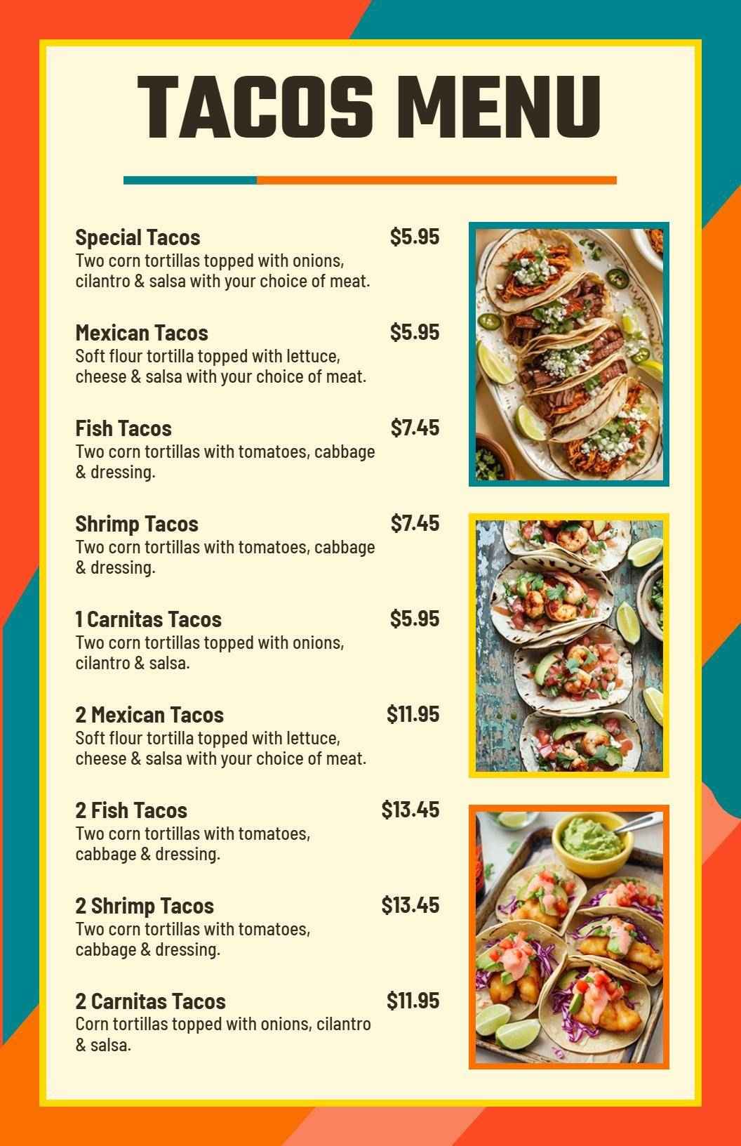 Flavorful Soft and Crispy Taco Varieties with Toppings Tacos Menu Template