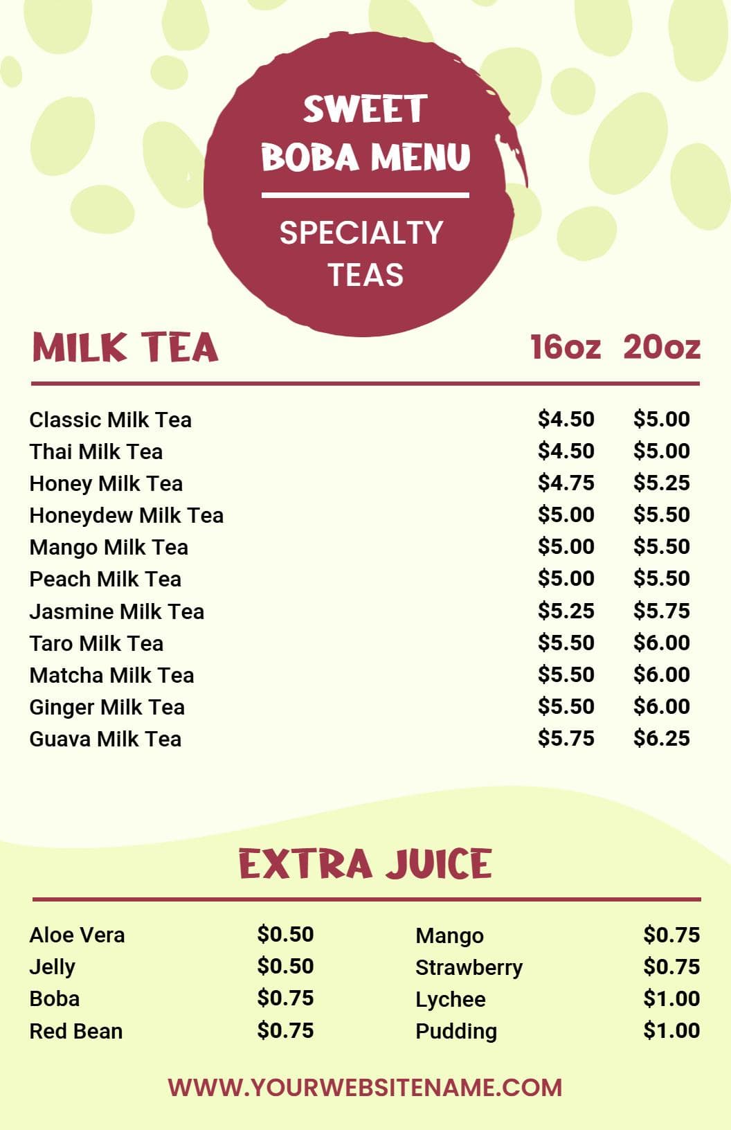 Flavorful Specialty Milk Teas and Juices Delight Boba Menu Template