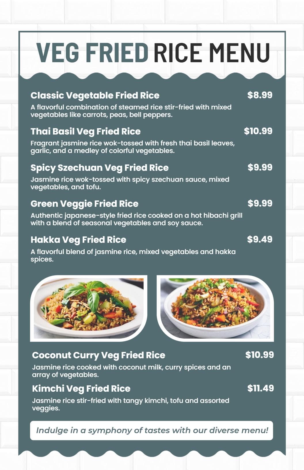 Flavorful Stir-Fried Rice Selections with Vegetables Rice Menu Template