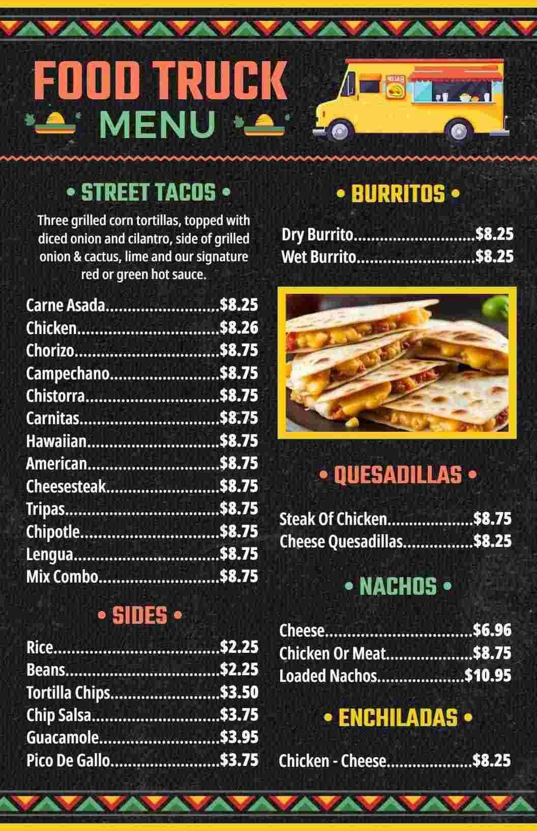 Flavorful Street Tacos and Burritos in a Vibrant Food Truck Menu Template