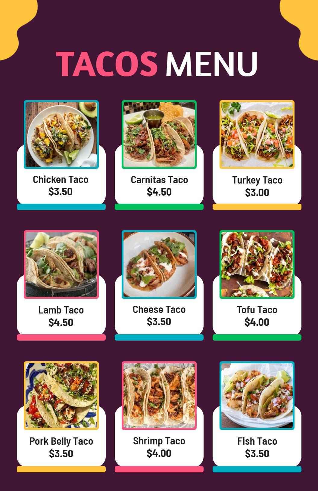Flavorful Taco Selections with Meats and Vegetarian Options Tacos Menu Template