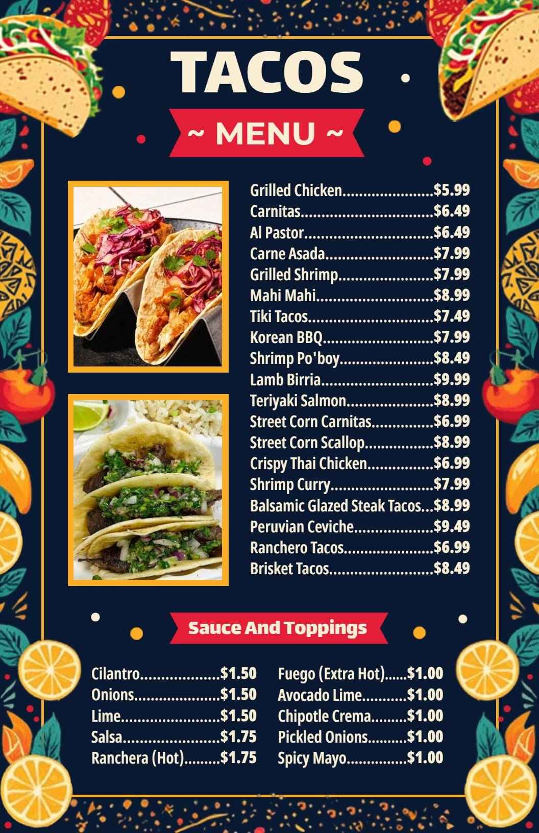 Flavorful Taco Varieties Featuring Grilled Meats and Sauces Menu Template