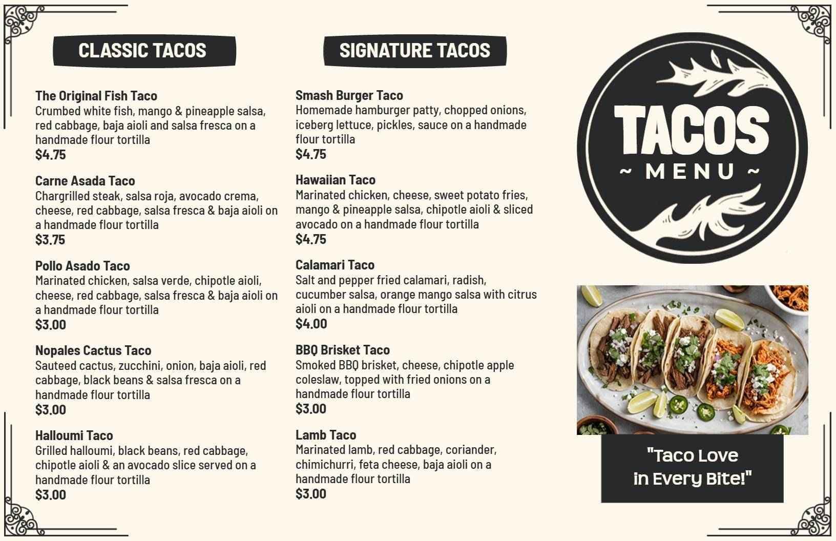 Flavorful Tacos Featuring Classic and Signature Varieties Menu Template
