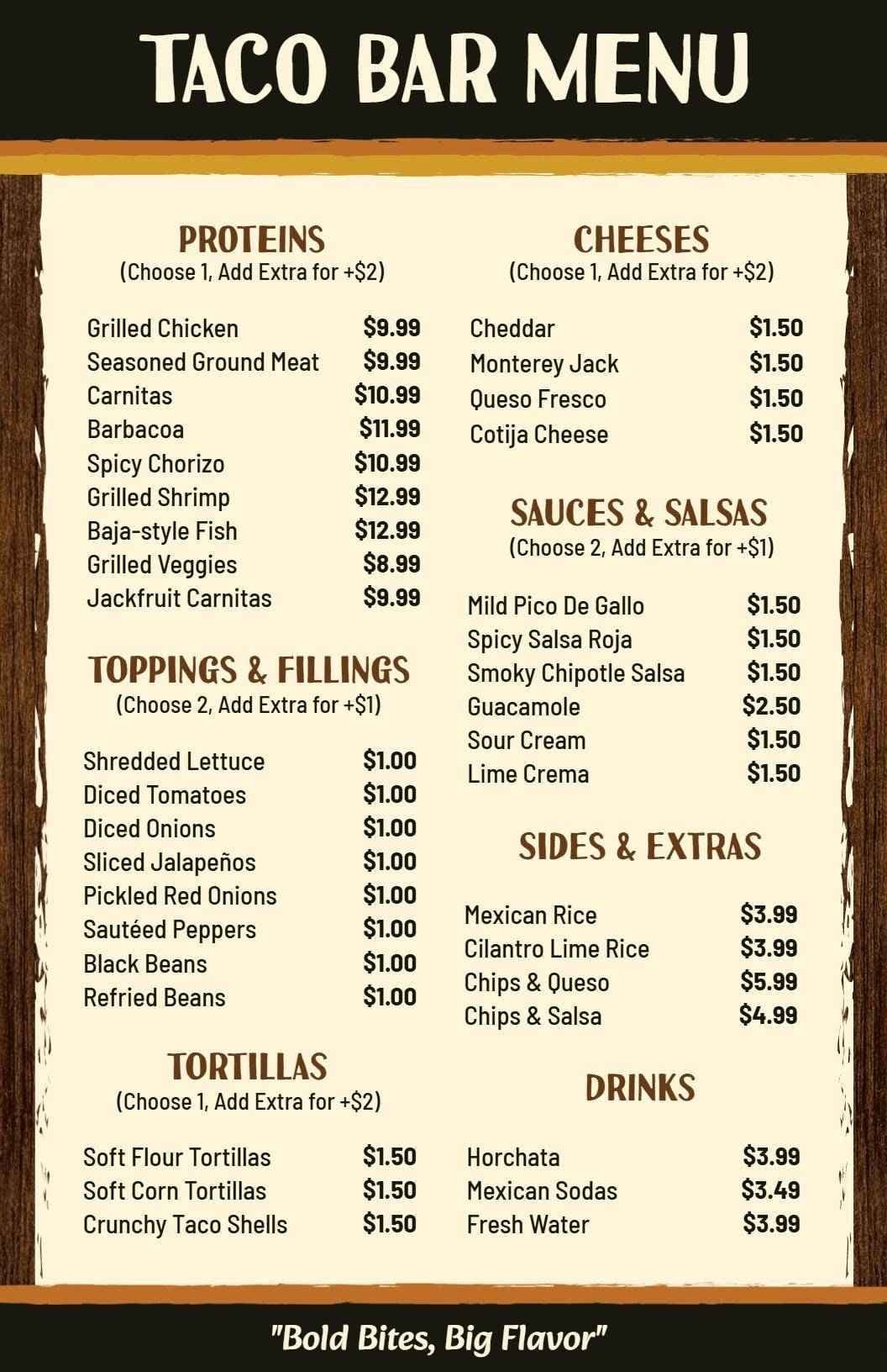 Flavorful Tacos with Delicious Proteins and Salsas Menu Template