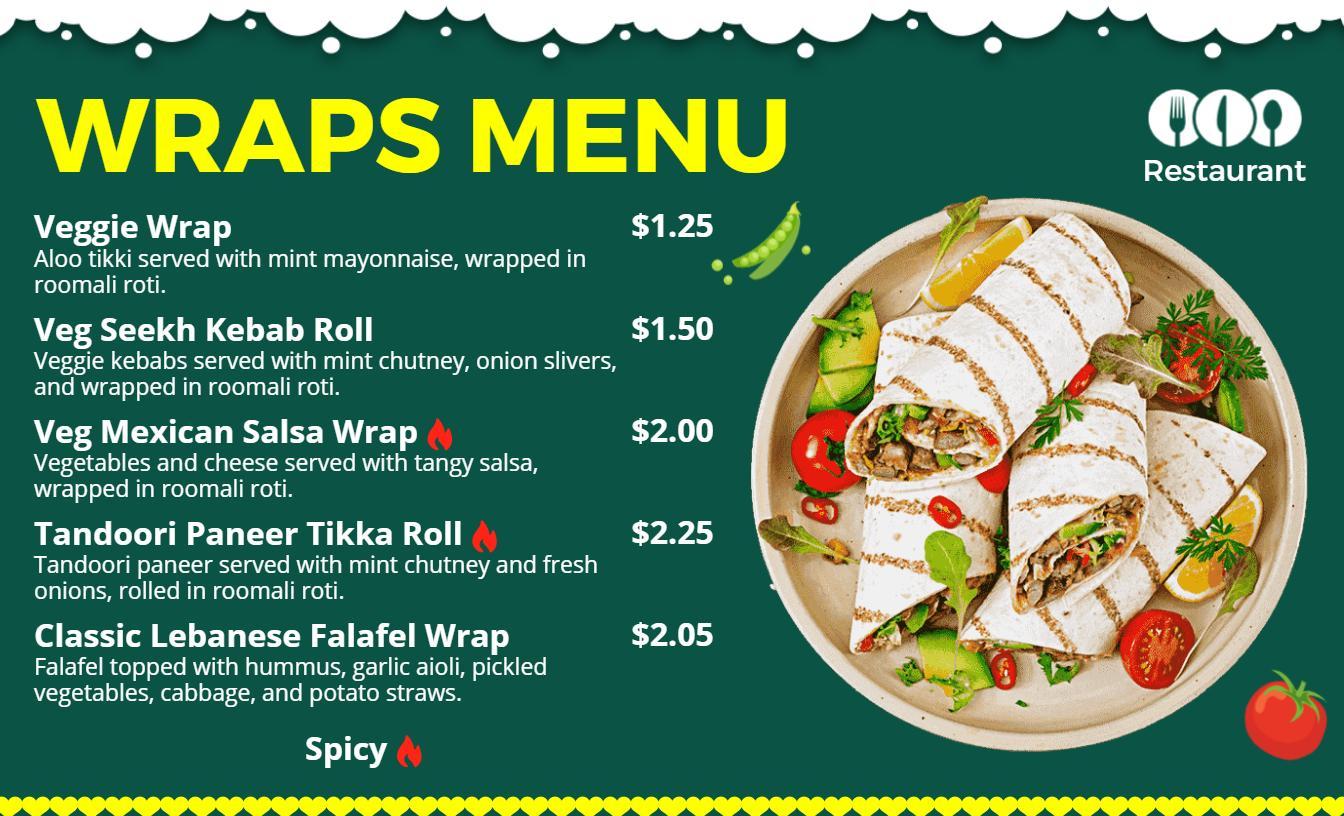 Flavorful Tandoori Paneer and Veggie Wraps Selection Food Menu Template
