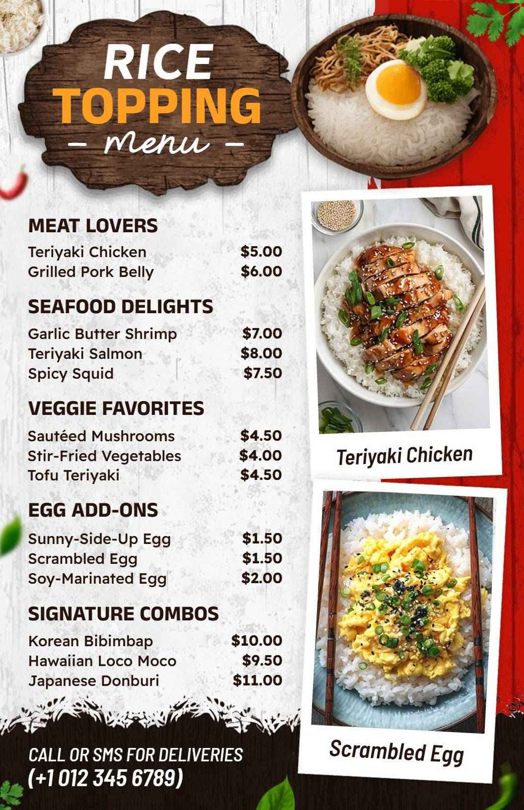 Flavorful Teriyaki and Seafood Rice Bowl Options Rice Menu Template
