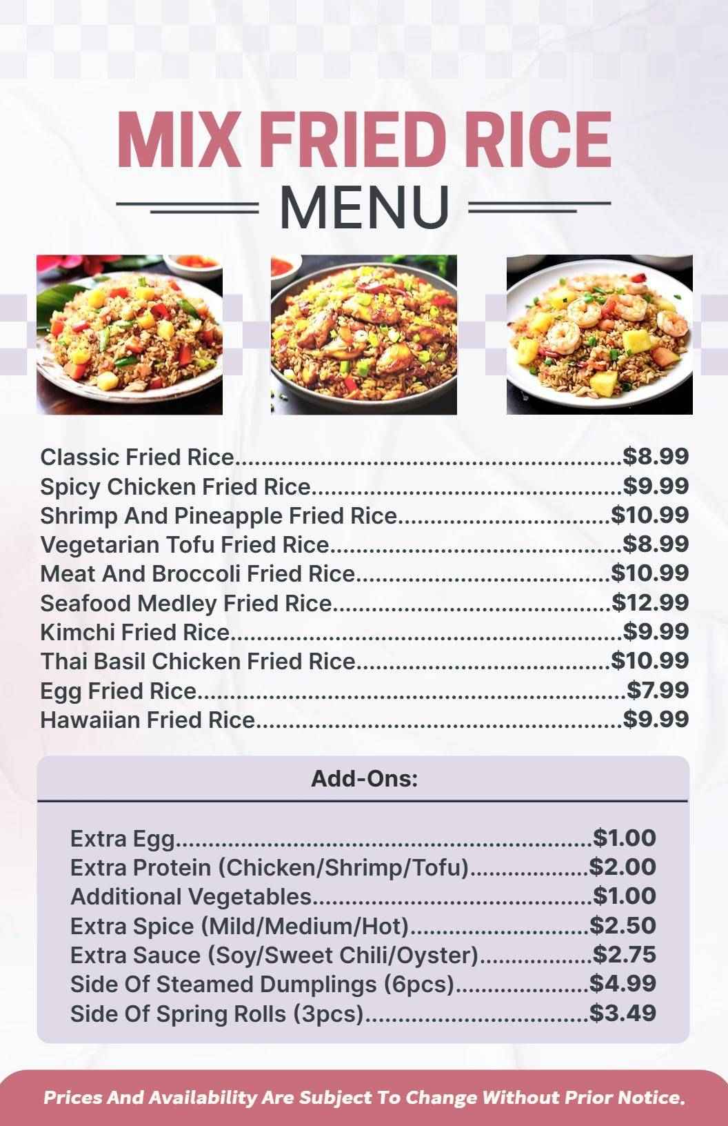Flavorful Variety of Fried Rice Dishes and Combos Rice Menu Template