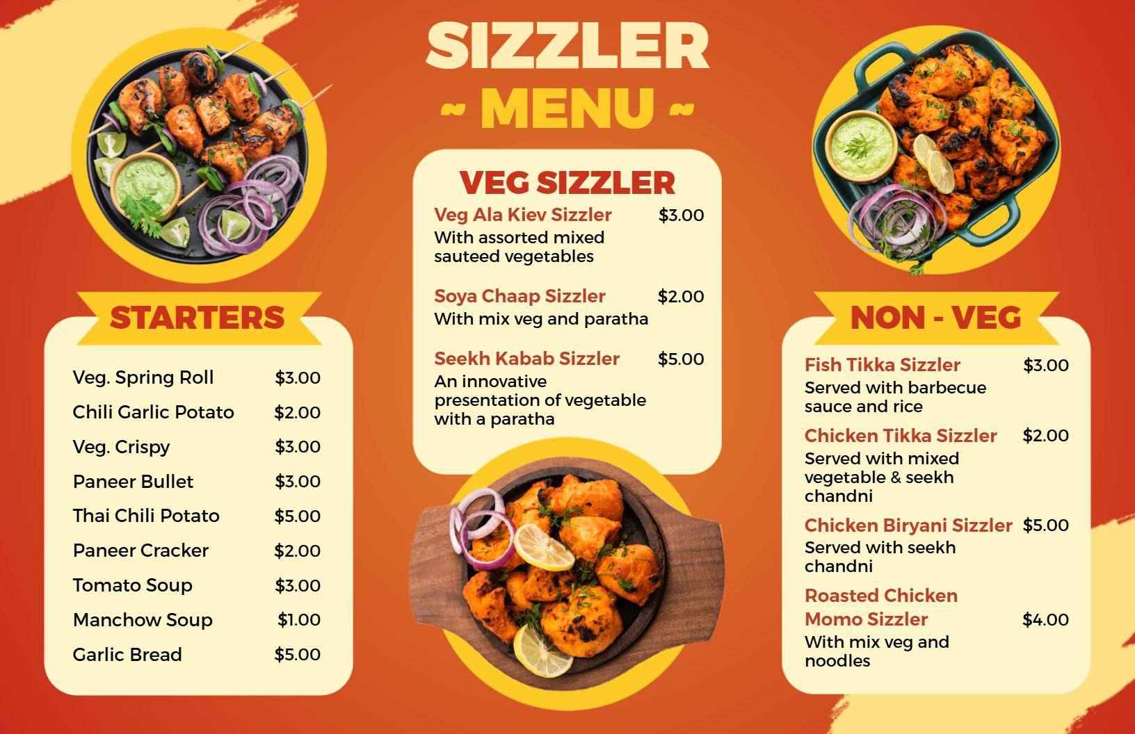 Flavorful Veg and Non-Veg Sizzlers Menu Template