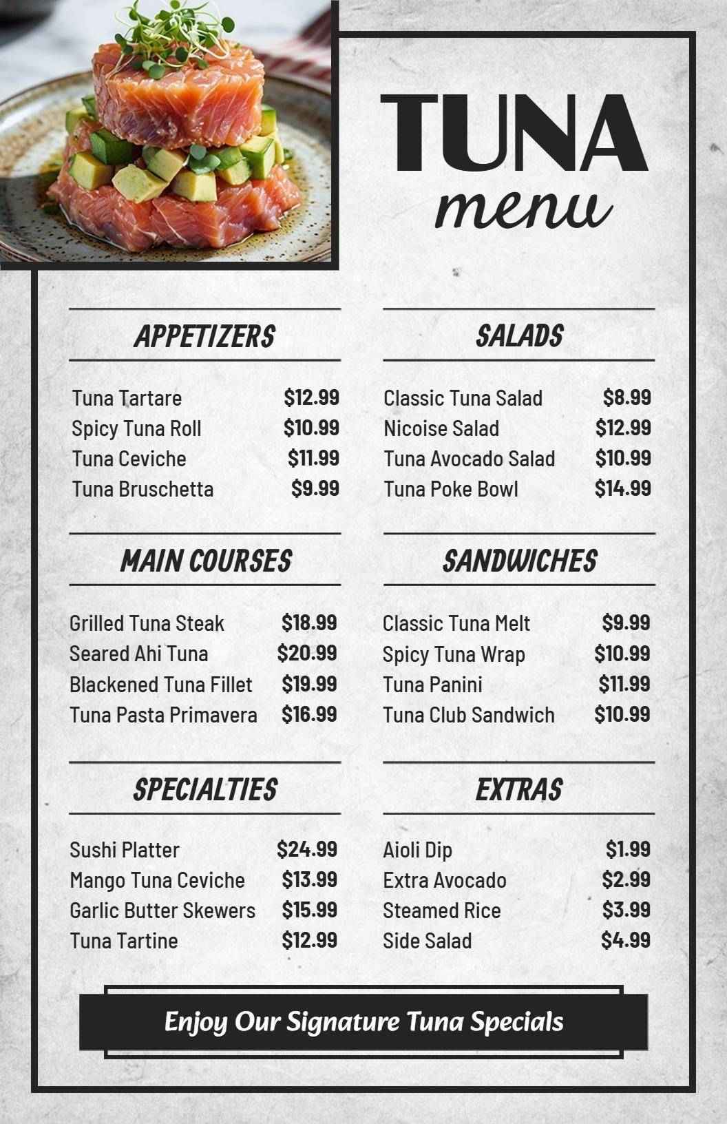 Flavors of Fresh Grilled Tuna and Succulent Seafood Menu Template
