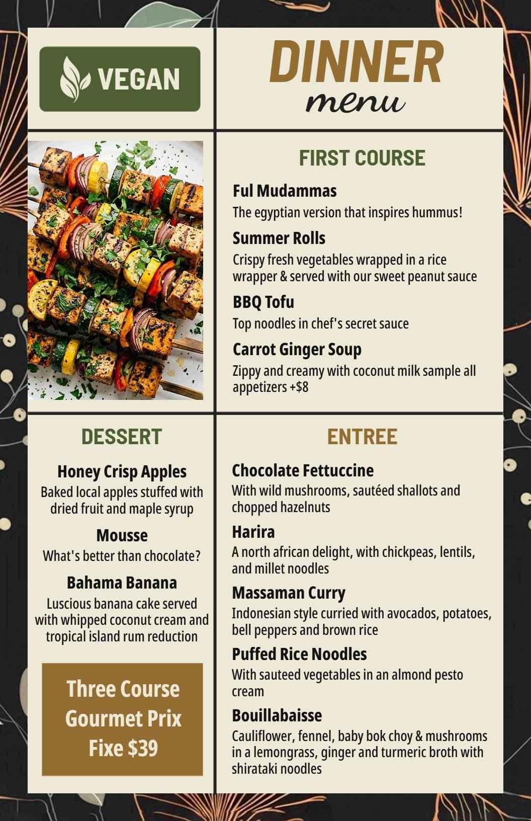 Flavors of Vegan Cuisine Featuring Elegant Dishes Dinner Menu Template