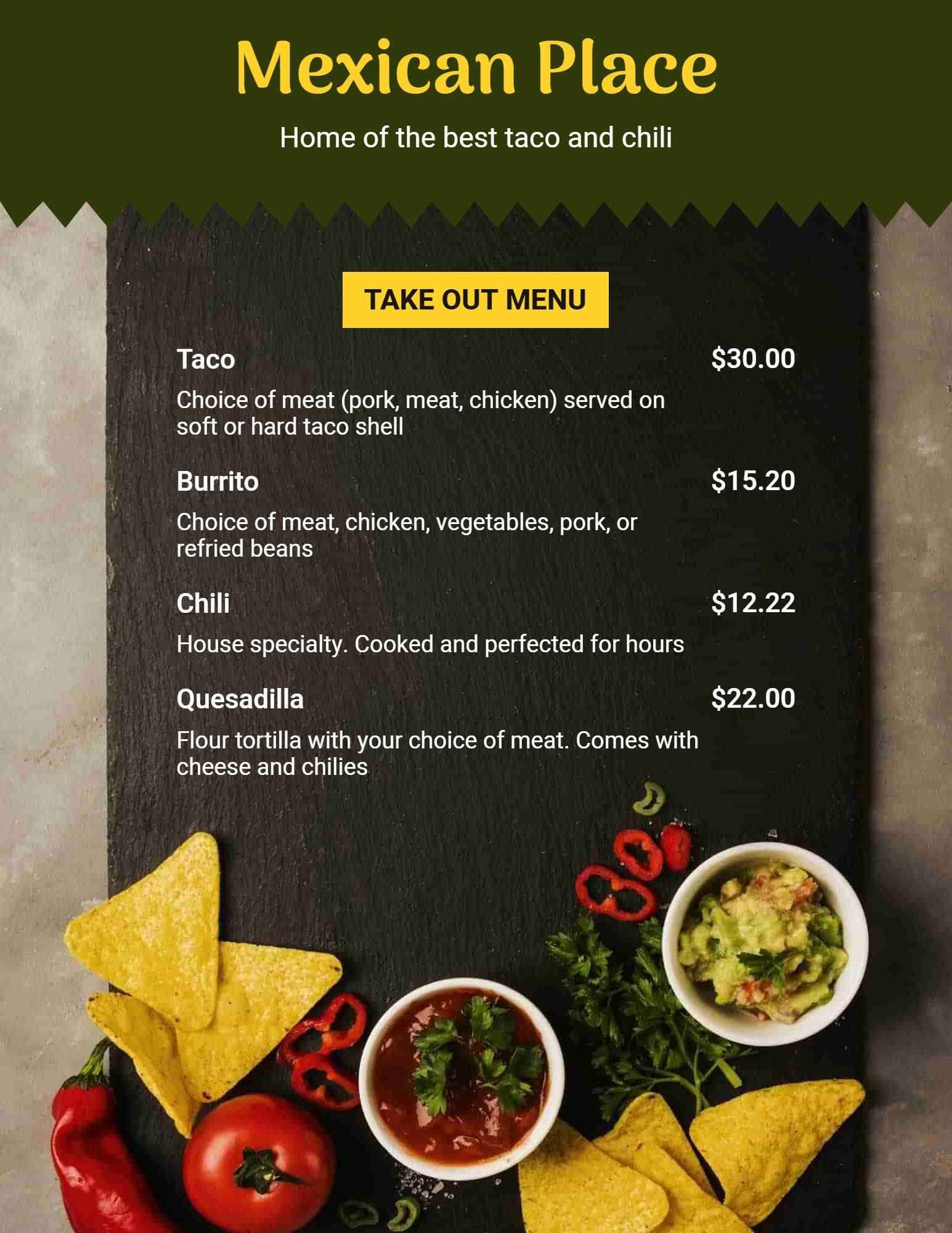 Flavorsome Mexican Dishes Featuring Tacos and Chili Take-Out Menu Template