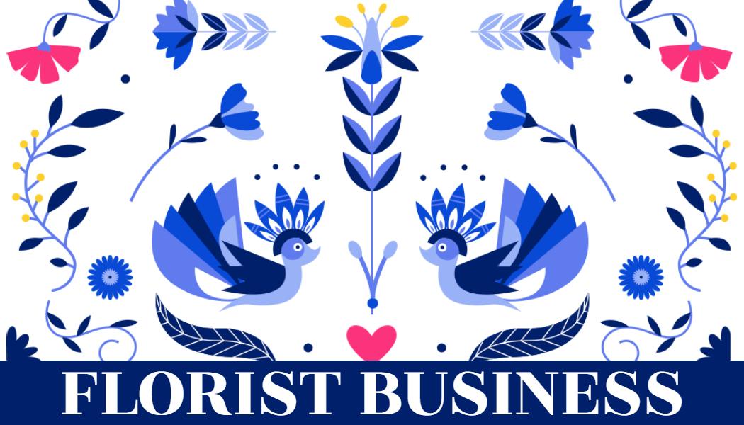 Floral Art Design with Blue Birds for Florist Business Card Template